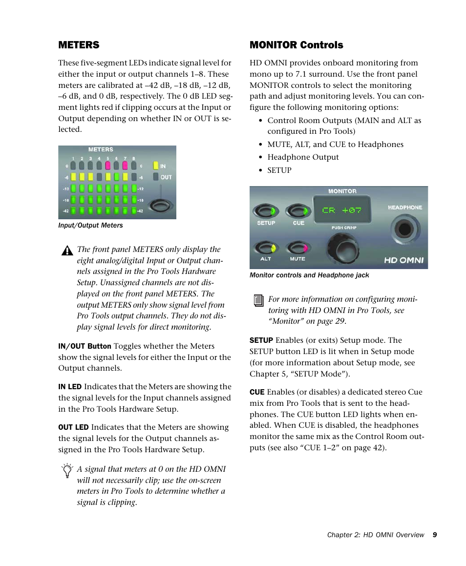 Meters, Monitor controls | Avid HD OMNI Preamp, I/O, and Monitoring Pro Tools HD Series Interface User Manual | Page 13 / 71