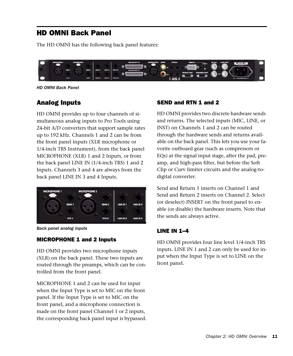 Hd omni back panel, Analog inputs | Avid HD OMNI Preamp, I/O, and Monitoring Pro Tools HD Series Interface User Manual | Page 15 / 71