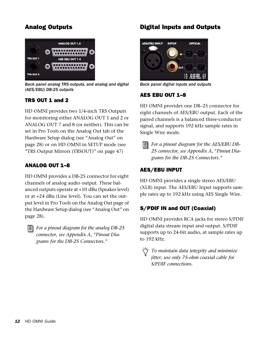 Analog outputs, Digital inputs and outputs | Avid HD OMNI Preamp, I/O, and Monitoring Pro Tools HD Series Interface User Manual | Page 16 / 71