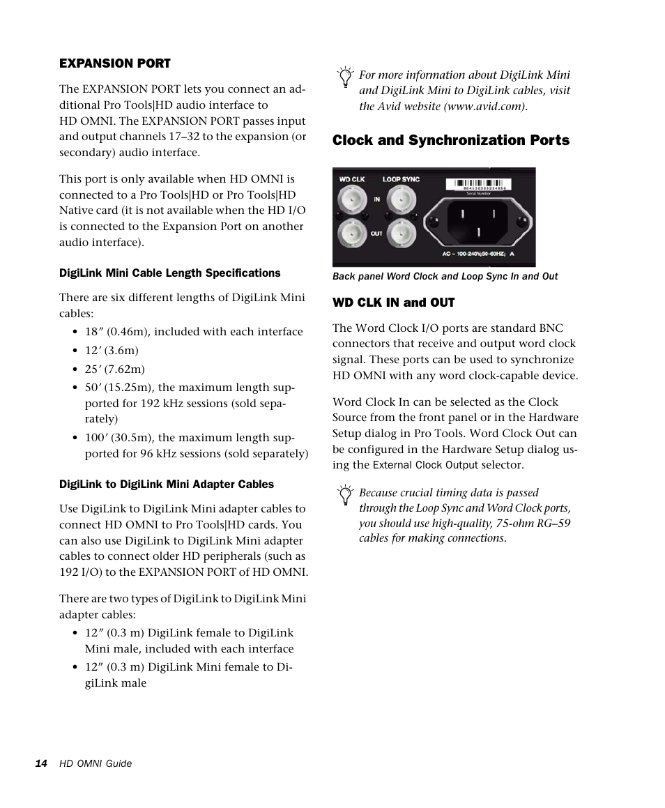 Clock and synchronization ports | Avid HD OMNI Preamp, I/O, and Monitoring Pro Tools HD Series Interface User Manual | Page 18 / 71