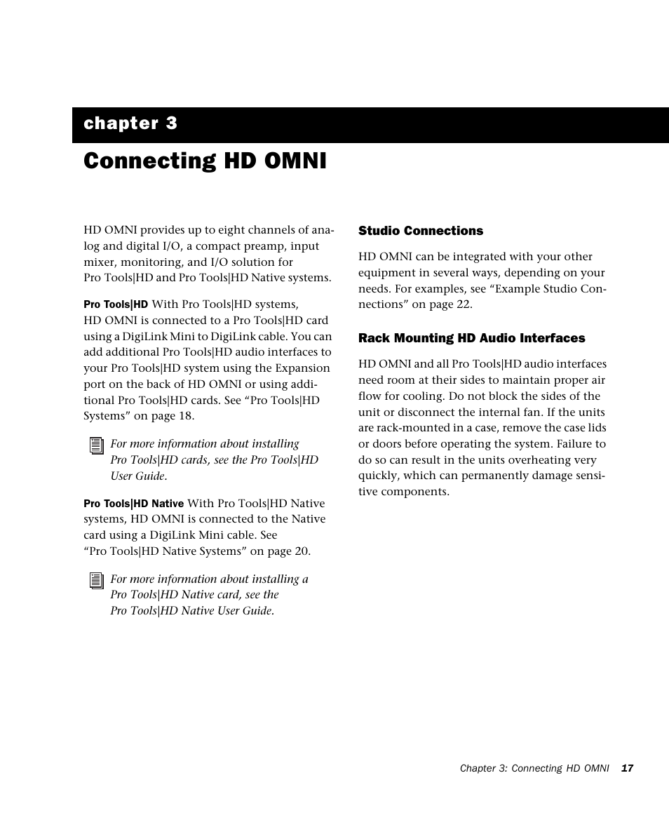 Connecting hd omni, Chapter 3. connecting hd omni, Chapter 3 | Avid HD OMNI Preamp, I/O, and Monitoring Pro Tools HD Series Interface User Manual | Page 21 / 71