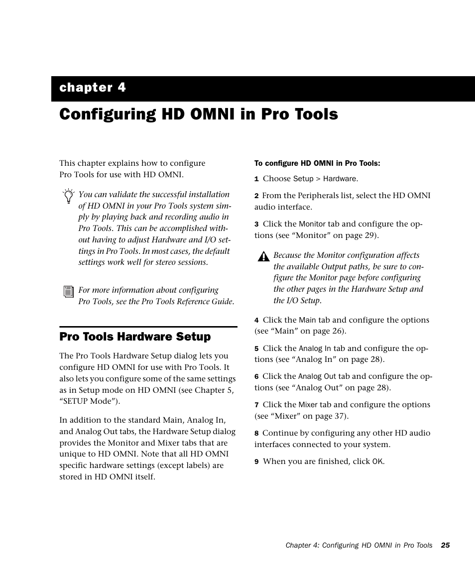 Configuring hd omni in pro tools, Pro tools hardware setup, Chapter 4. configuring hd omni in pro tools | Chapter 4 | Avid HD OMNI Preamp, I/O, and Monitoring Pro Tools HD Series Interface User Manual | Page 29 / 71