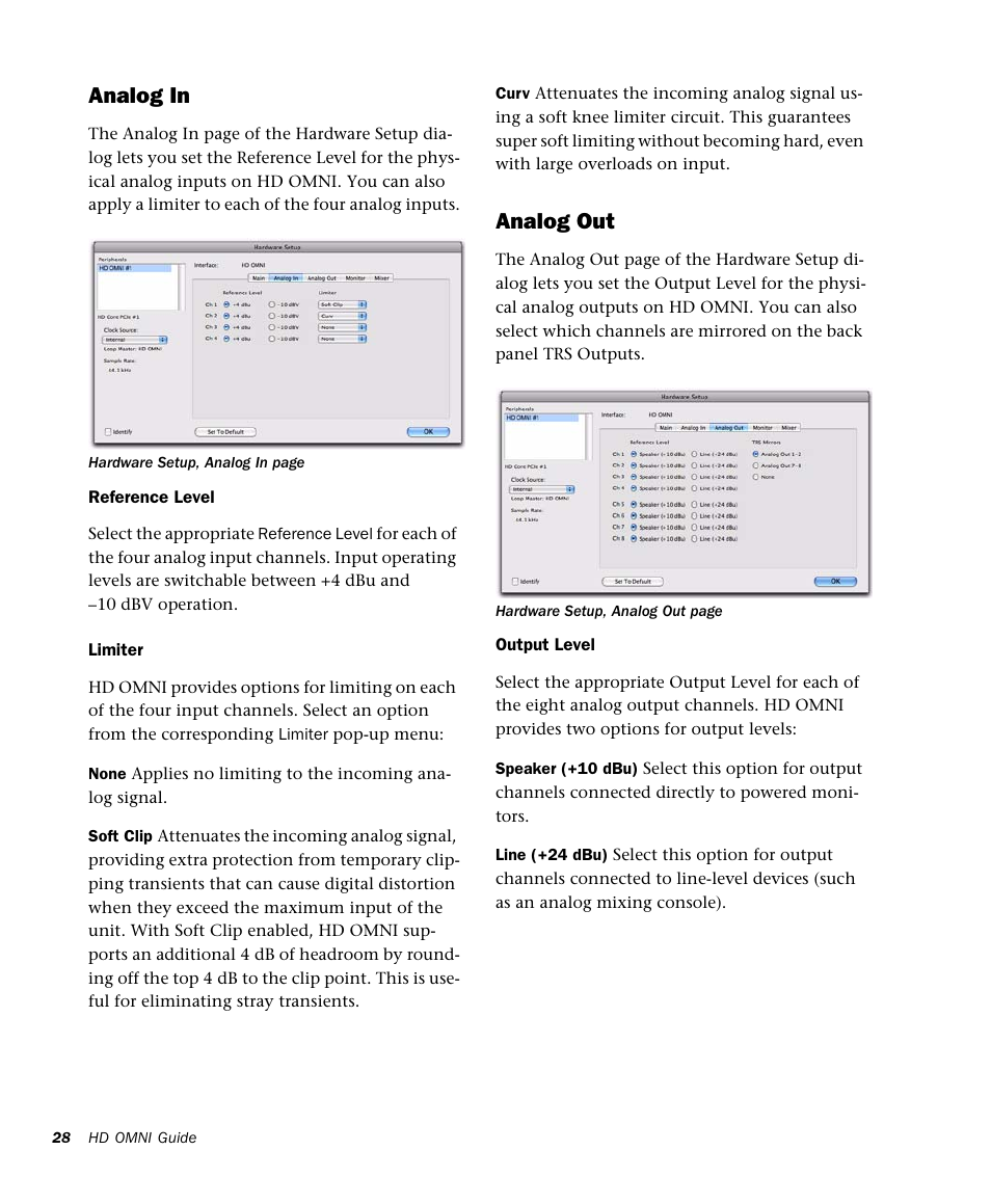 Analog in, Analog out | Avid HD OMNI Preamp, I/O, and Monitoring Pro Tools HD Series Interface User Manual | Page 32 / 71
