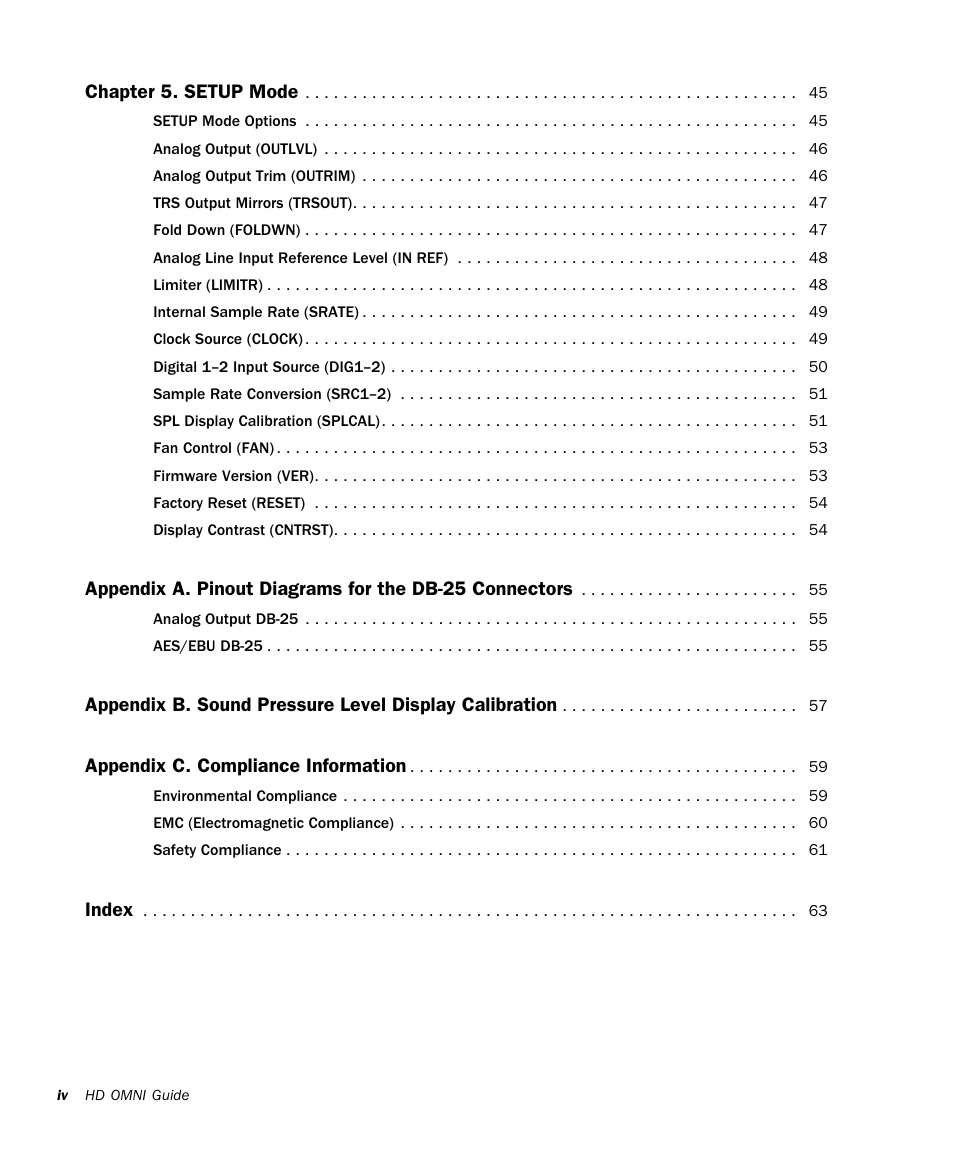 Chapte r 5. setup mode, Append ix c. compliance information, Inde x | Avid HD OMNI Preamp, I/O, and Monitoring Pro Tools HD Series Interface User Manual | Page 4 / 71