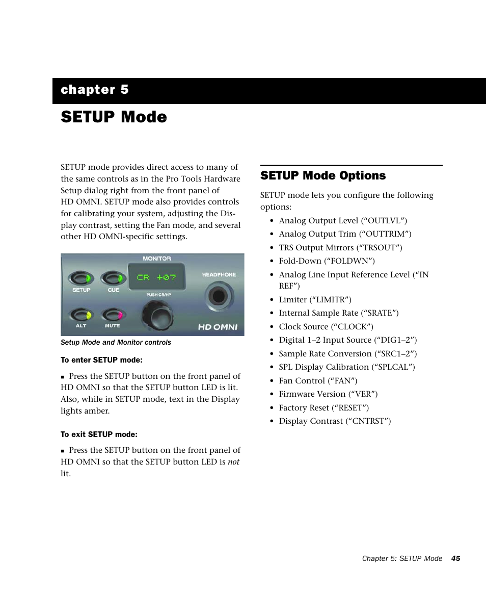 Setup mode, Setup mode options, R 5. setup mode | Chapter 5, “setup mode, Ee chapter 5, “setup mode”), Chapter 5 | Avid HD OMNI Preamp, I/O, and Monitoring Pro Tools HD Series Interface User Manual | Page 49 / 71