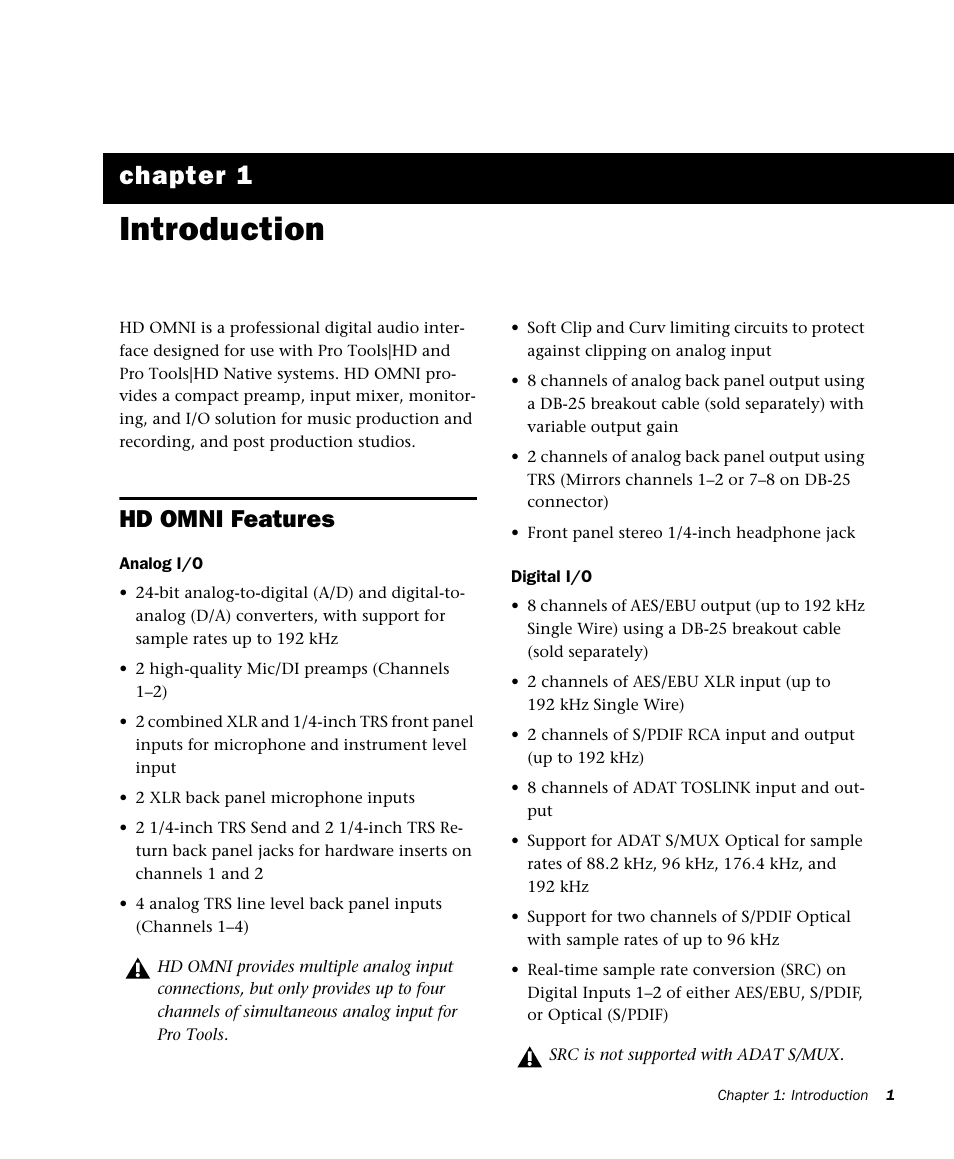 Introduction, Hd omni features, R 1. introduction | Chapter 1 | Avid HD OMNI Preamp, I/O, and Monitoring Pro Tools HD Series Interface User Manual | Page 5 / 71