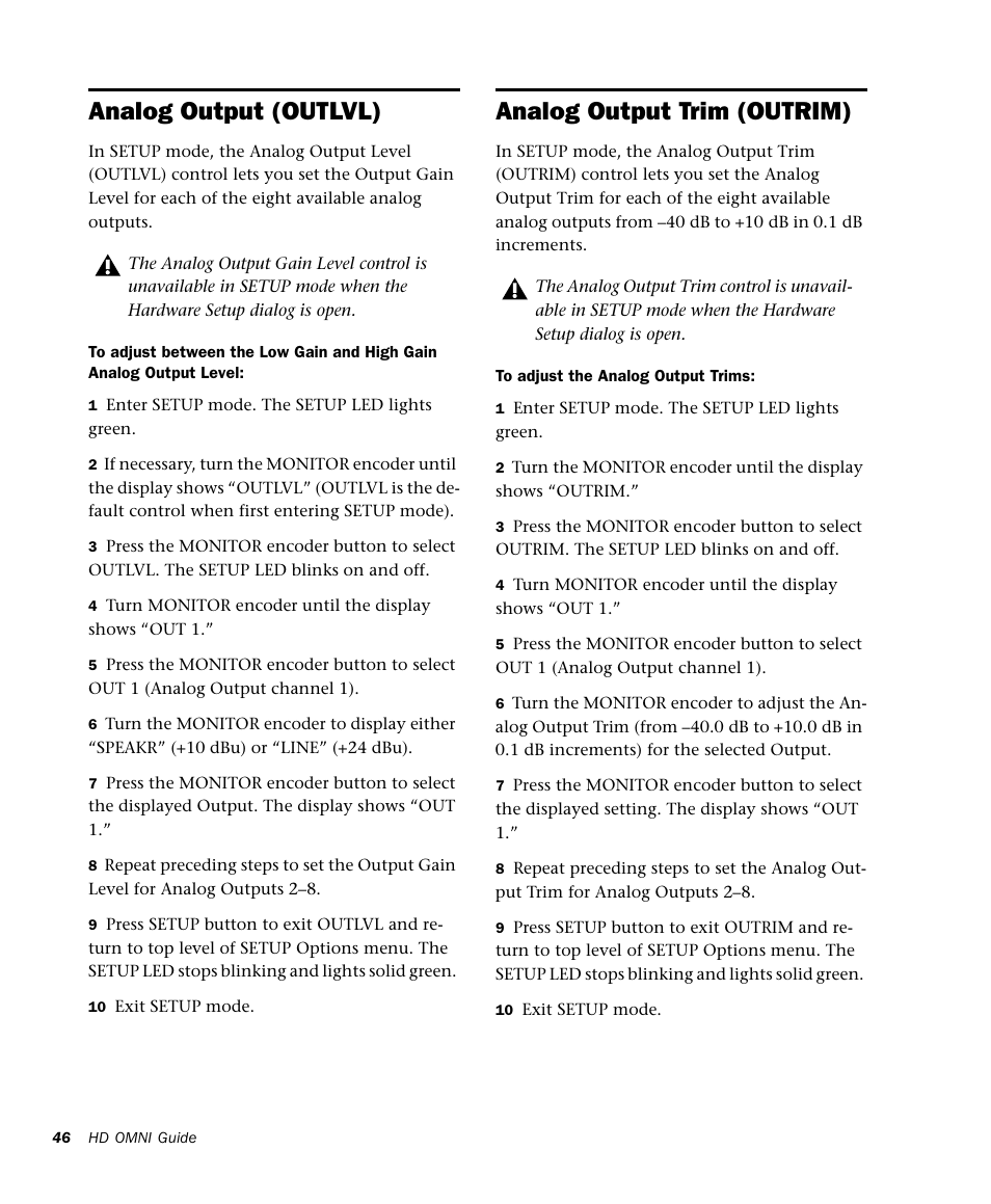 Analog output (outlvl), Analog output trim (outrim) | Avid HD OMNI Preamp, I/O, and Monitoring Pro Tools HD Series Interface User Manual | Page 50 / 71