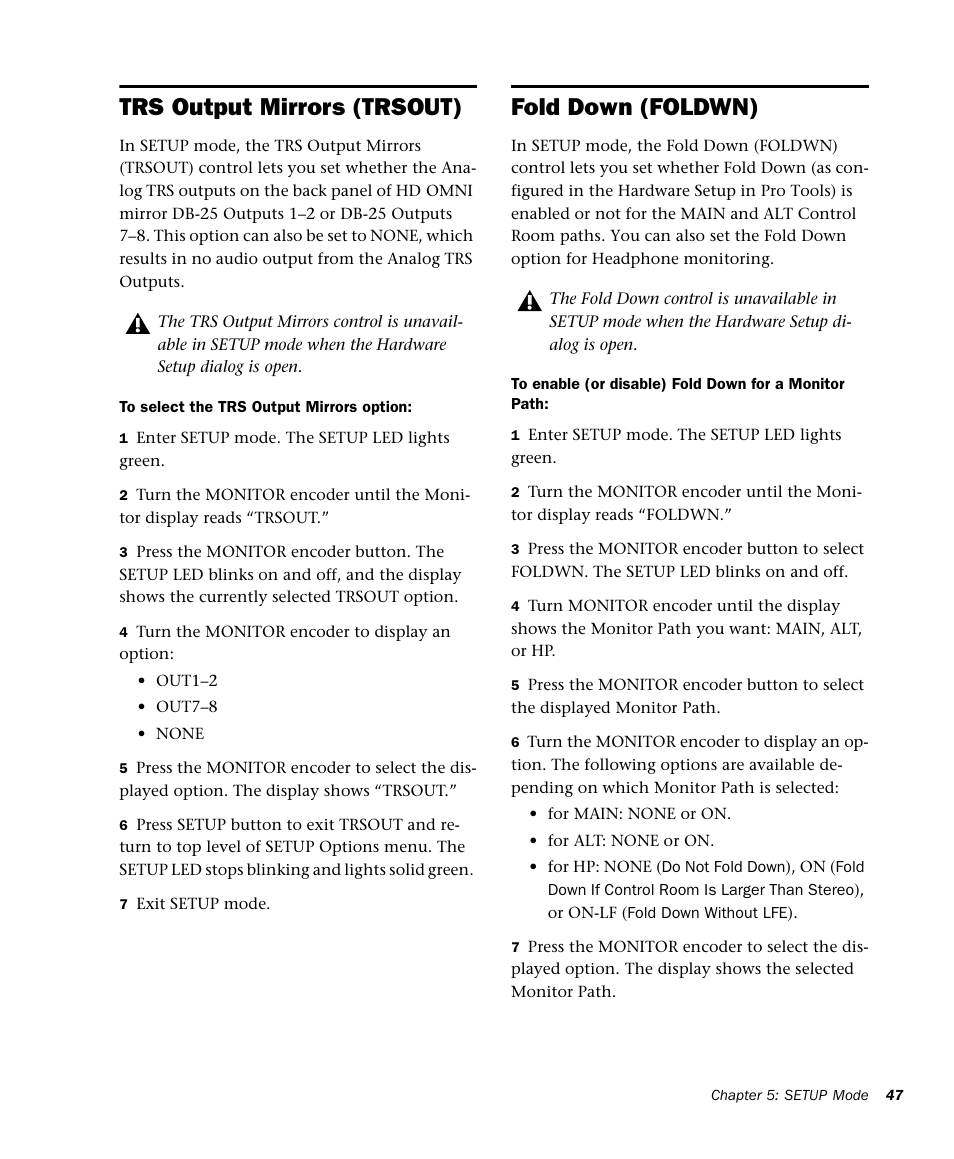 Trs output mirrors (trsout), Fold down (foldwn) | Avid HD OMNI Preamp, I/O, and Monitoring Pro Tools HD Series Interface User Manual | Page 51 / 71