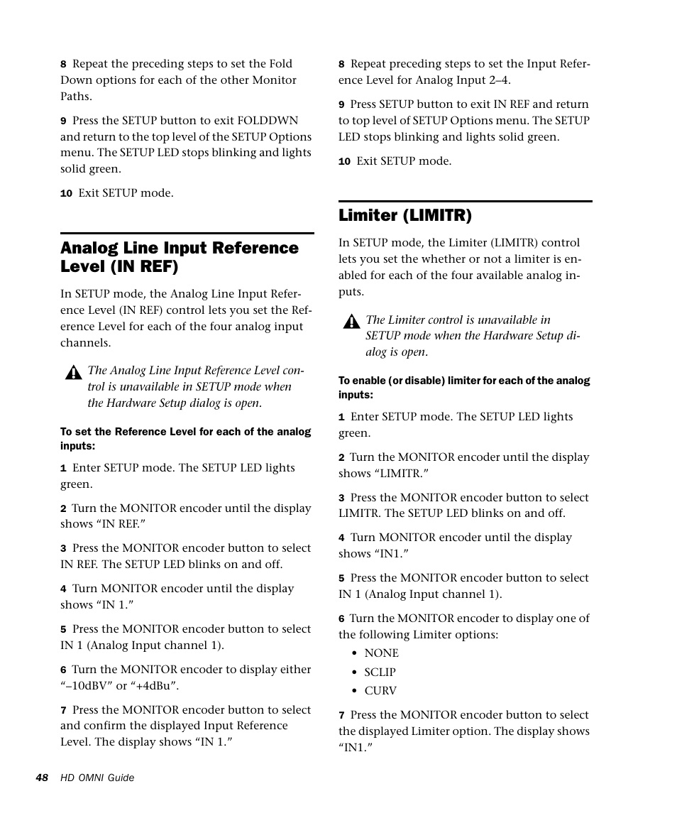 Analog line input reference level (in ref), Limiter (limitr) | Avid HD OMNI Preamp, I/O, and Monitoring Pro Tools HD Series Interface User Manual | Page 52 / 71