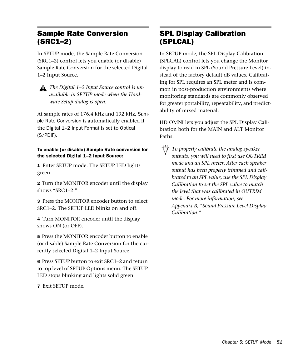 Sample rate conversion (src1–2), Spl display calibration (splcal) | Avid HD OMNI Preamp, I/O, and Monitoring Pro Tools HD Series Interface User Manual | Page 55 / 71