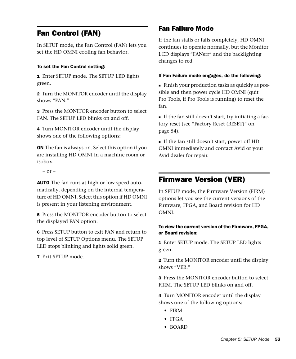 Fan control (fan), Fan failure mode, Firmware version (ver) | Avid HD OMNI Preamp, I/O, and Monitoring Pro Tools HD Series Interface User Manual | Page 57 / 71