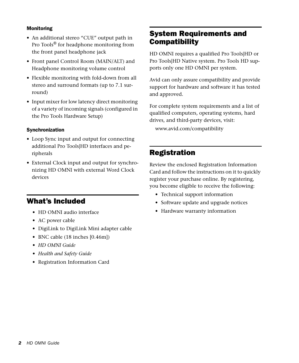 What’s included, System requirements and compatibility, Registration | Avid HD OMNI Preamp, I/O, and Monitoring Pro Tools HD Series Interface User Manual | Page 6 / 71