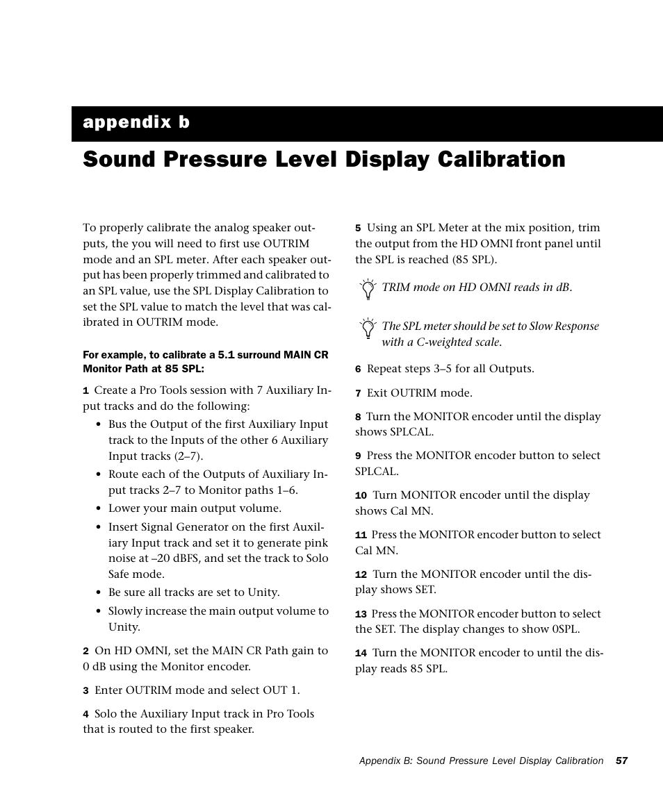 Sound pressure level display calibration, Ix b. sound pressure level display calibration, Appendix b | Avid HD OMNI Preamp, I/O, and Monitoring Pro Tools HD Series Interface User Manual | Page 61 / 71