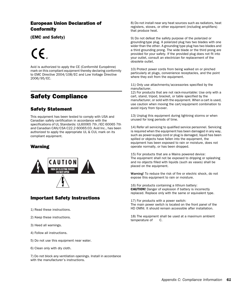 Safety compliance, European union declaration of conformity, Safety statement | Warning important safety instructions | Avid HD OMNI Preamp, I/O, and Monitoring Pro Tools HD Series Interface User Manual | Page 65 / 71