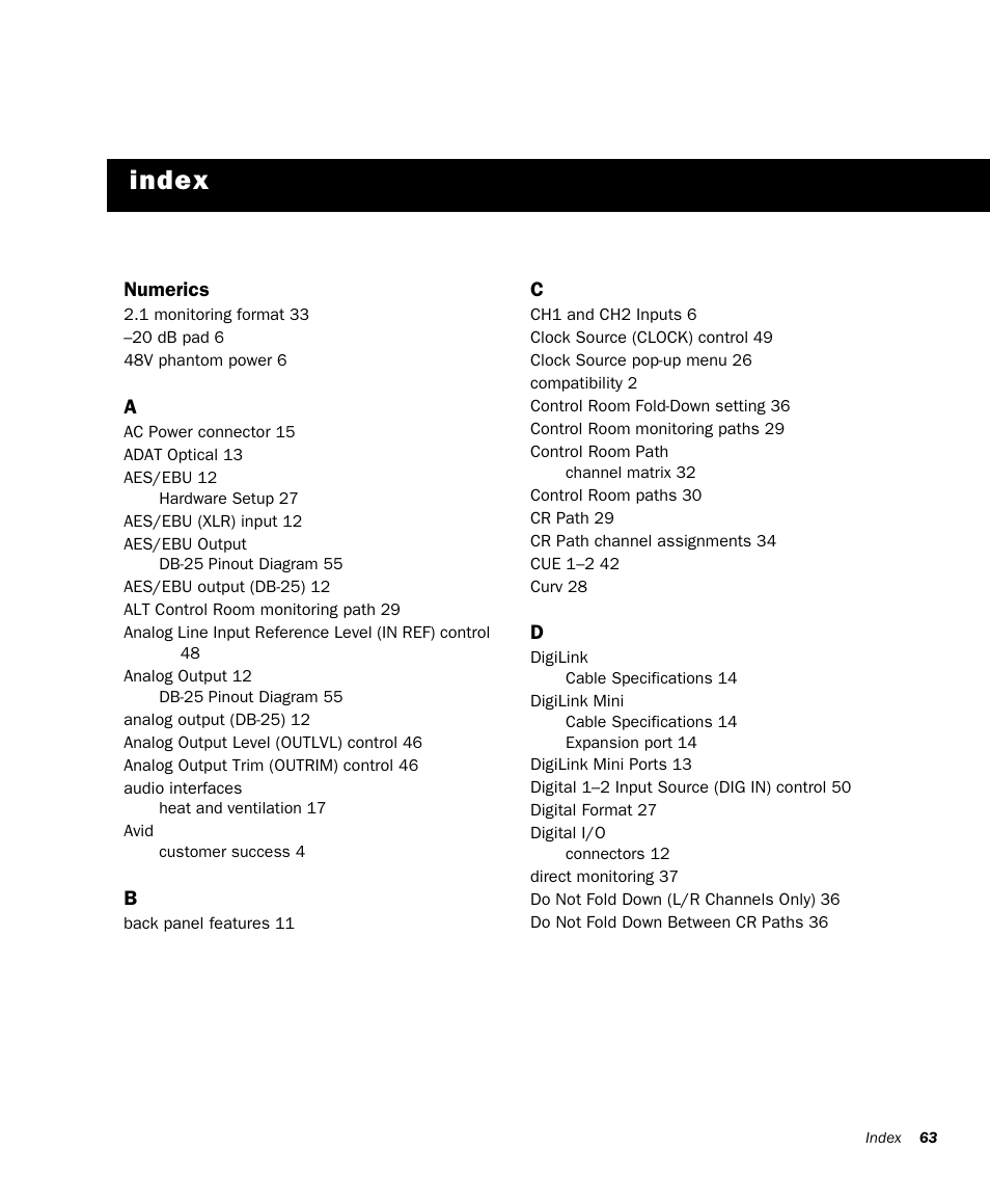 Index | Avid HD OMNI Preamp, I/O, and Monitoring Pro Tools HD Series Interface User Manual | Page 67 / 71