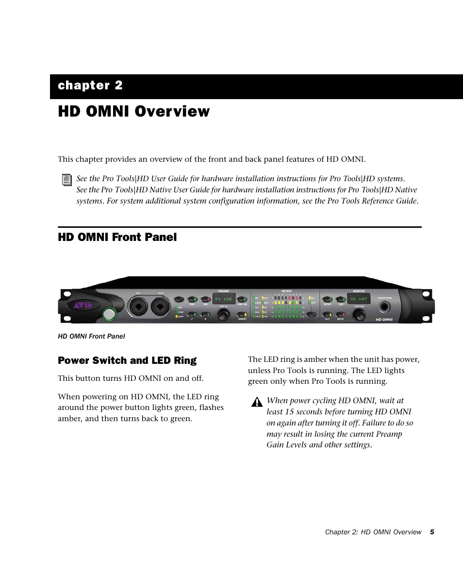 Hd omni overview, Hd omni front panel, Power switch and led ring | Chapter 2. hd omni overview, Chapter 2 | Avid HD OMNI Preamp, I/O, and Monitoring Pro Tools HD Series Interface User Manual | Page 9 / 71