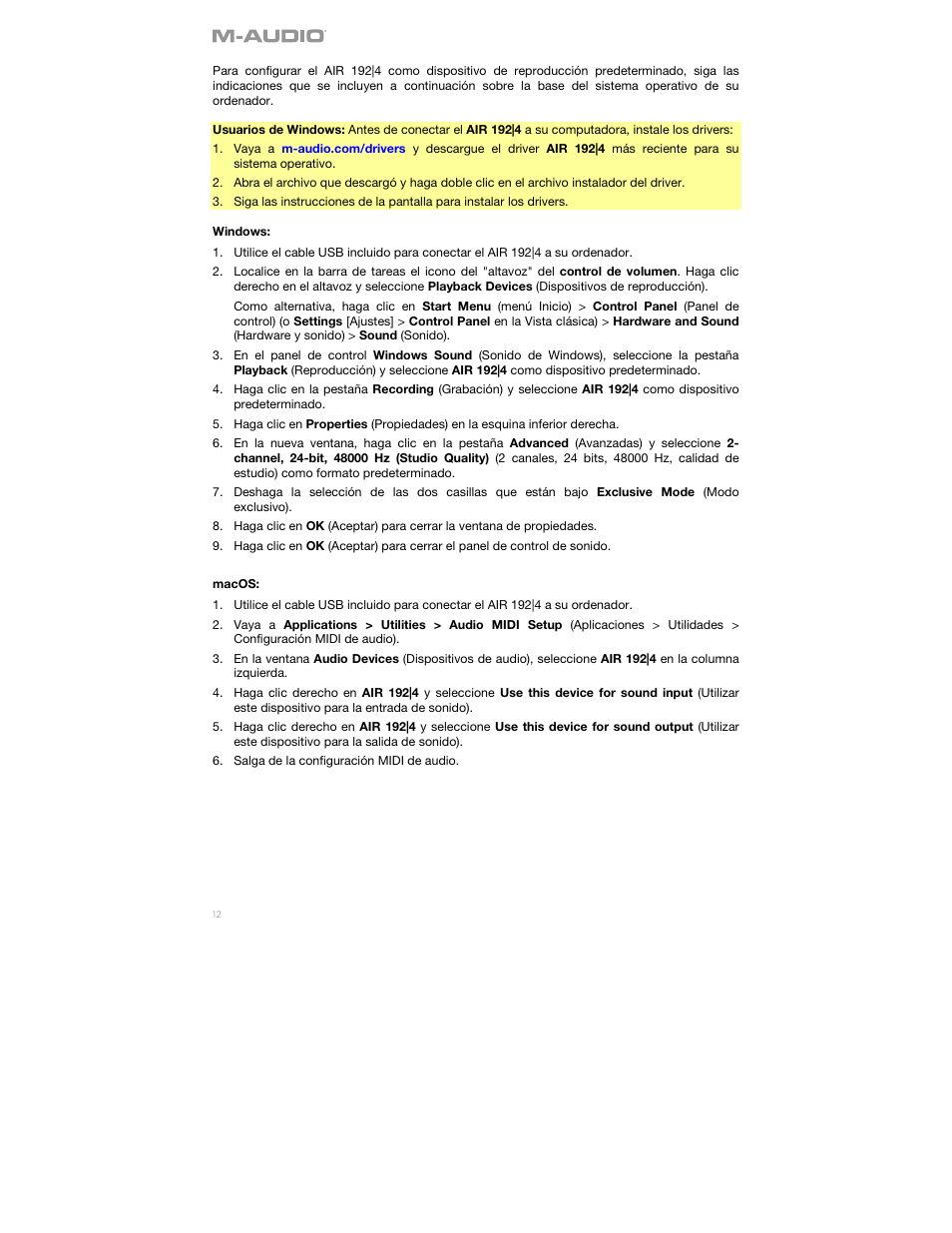 M-AUDIO Air 192|4 Vocal Studio Pro Desktop 2x2 USB Type-C Audio Interface with Mic and Headphones User Manual | Page 12 / 40