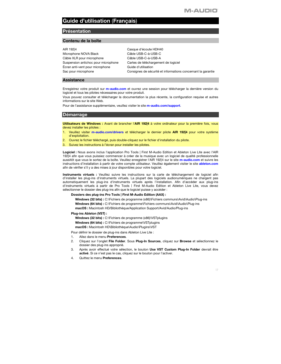 Guide d’utilisation ( français ), Présentation, Démarrage | Contenu de la boîte, Assistance | M-AUDIO Air 192|4 Vocal Studio Pro Desktop 2x2 USB Type-C Audio Interface with Mic and Headphones User Manual | Page 17 / 40