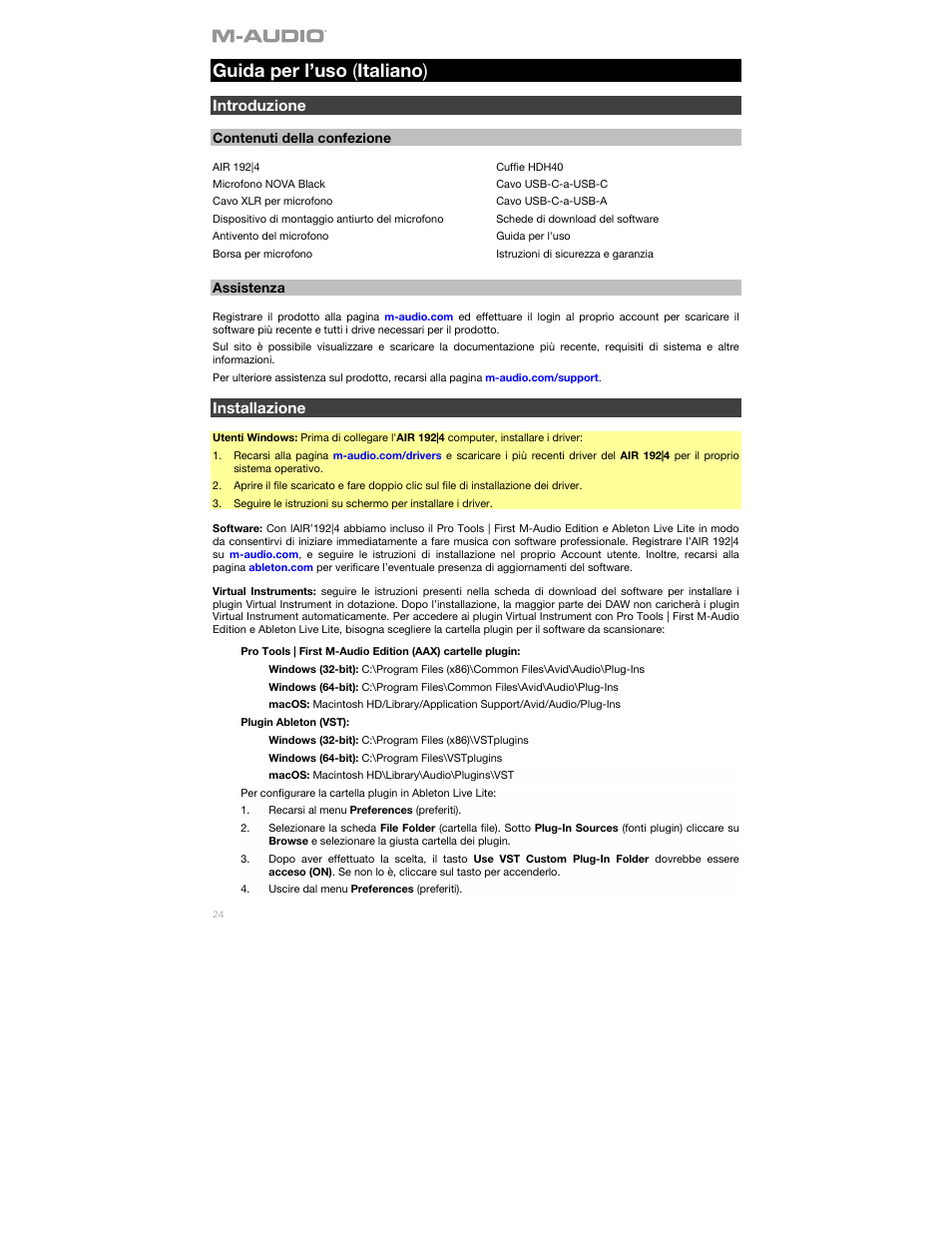 Guida per l’uso ( italiano ), Introduzione, Installazione | Contenuti della confezione, Assistenza | M-AUDIO Air 192|4 Vocal Studio Pro Desktop 2x2 USB Type-C Audio Interface with Mic and Headphones User Manual | Page 24 / 40
