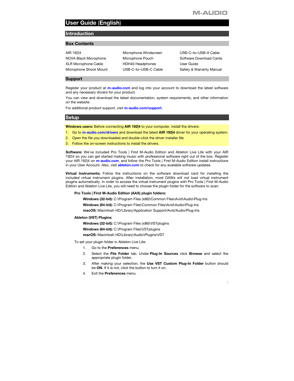 User guide ( english ), Introduction, Setup | M-AUDIO Air 192|4 Vocal Studio Pro Desktop 2x2 USB Type-C Audio Interface with Mic and Headphones User Manual | Page 3 / 40