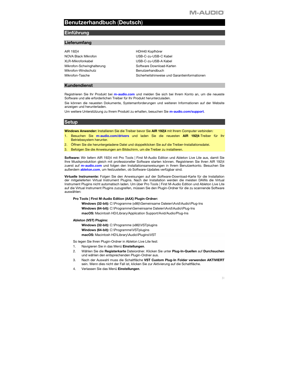 Benutzerhandbuch ( deutsch ), Einführung, Setup | Lieferumfang, Kundendienst | M-AUDIO Air 192|4 Vocal Studio Pro Desktop 2x2 USB Type-C Audio Interface with Mic and Headphones User Manual | Page 31 / 40