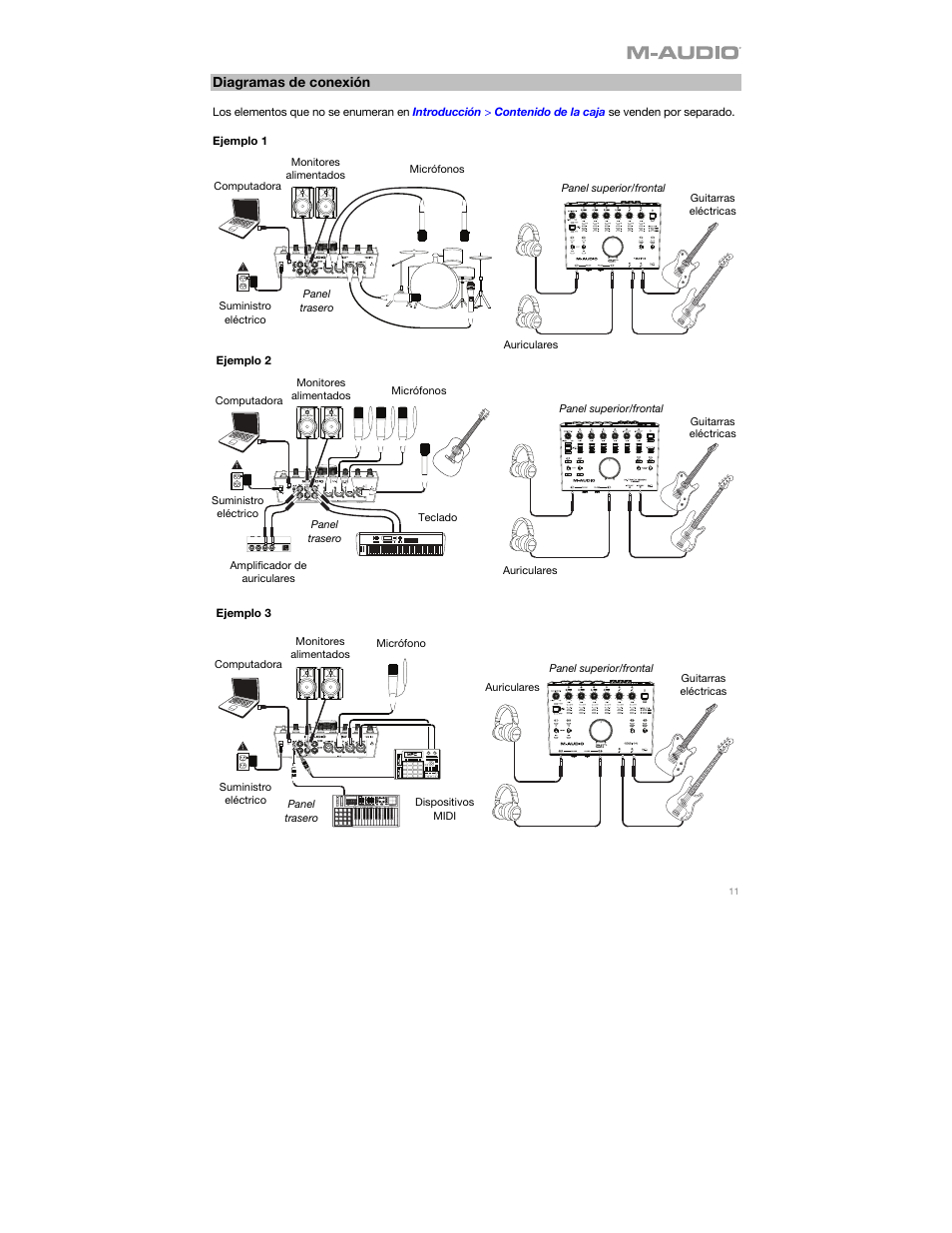 Diagramas de conexión, Ejemplo 1, Ejemplo 2 | Ejemplo 3 | M-AUDIO AIR 192|14 Desktop 8x4 USB Type-C Audio/MIDI Interface User Manual | Page 11 / 36