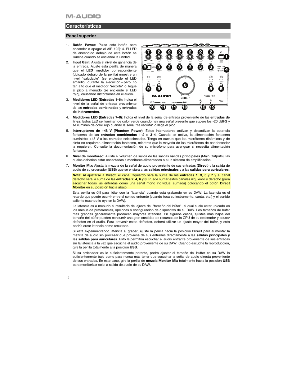 Características, Panel superior | M-AUDIO AIR 192|14 Desktop 8x4 USB Type-C Audio/MIDI Interface User Manual | Page 12 / 36
