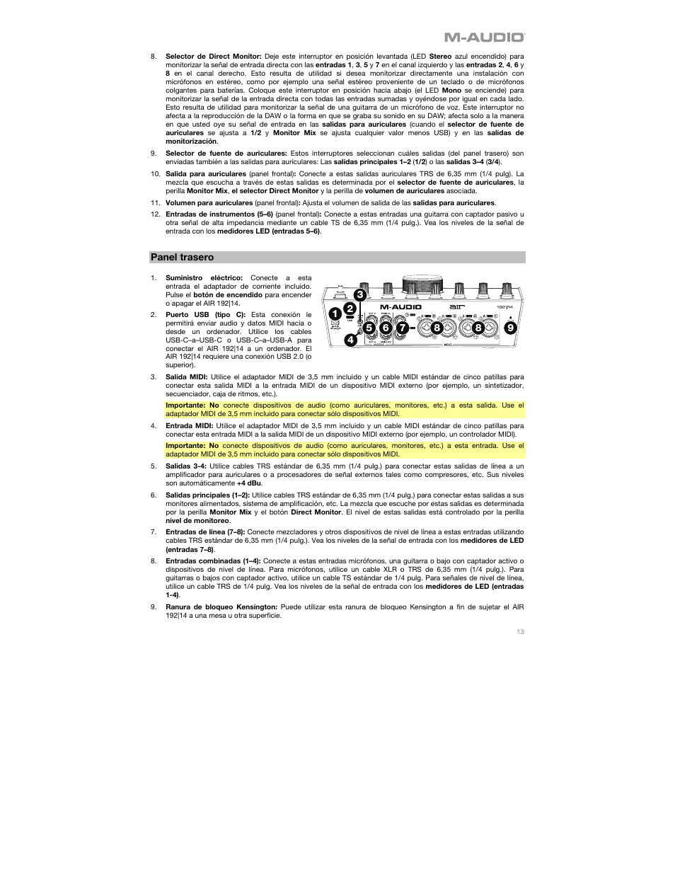 Panel trasero | M-AUDIO AIR 192|14 Desktop 8x4 USB Type-C Audio/MIDI Interface User Manual | Page 13 / 36