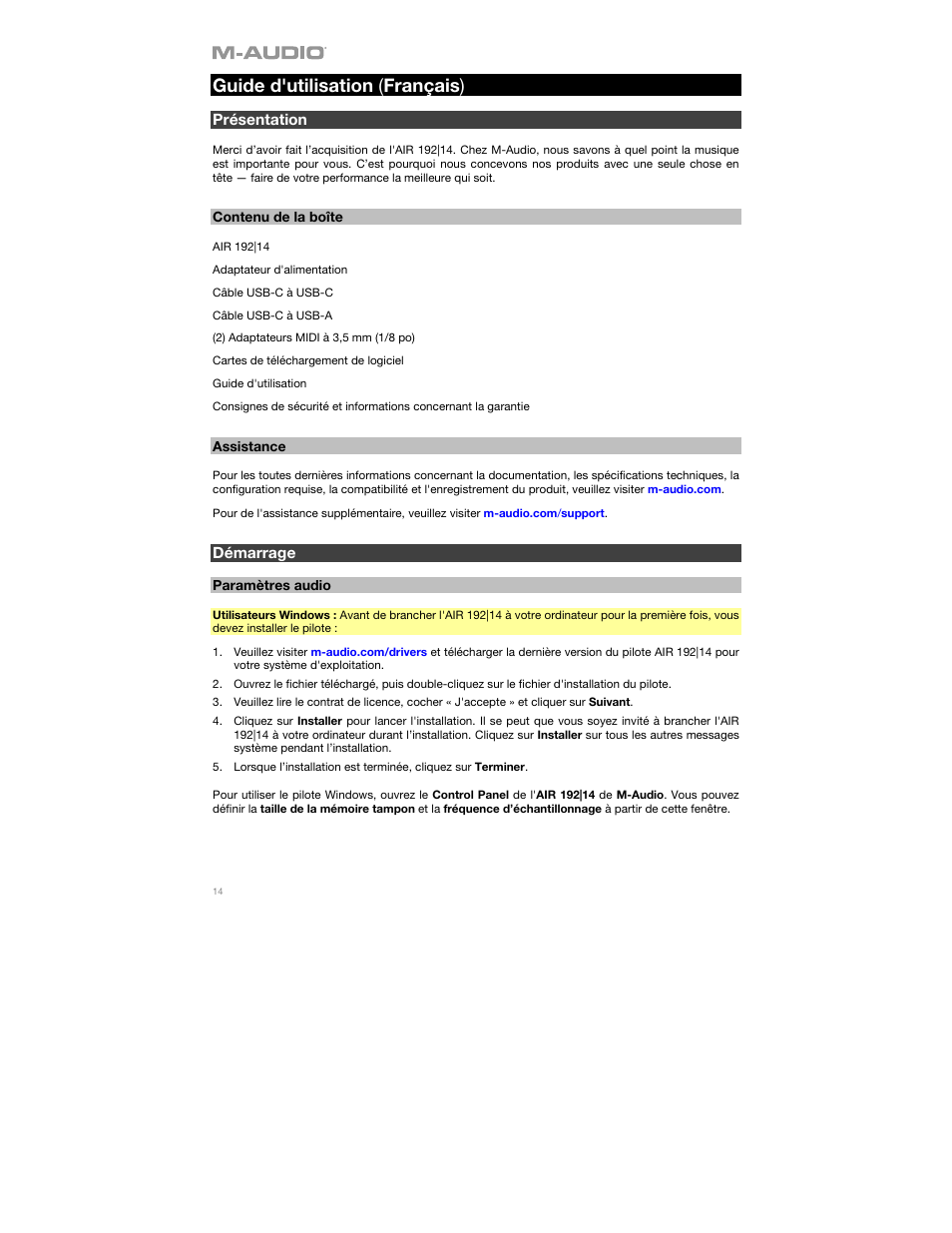 Guide d'utilisation (français), Présentation, Contenu de la boîte | Assistance, Démarrage, Paramètres audio, Guide d'utilisation ( français ) | M-AUDIO AIR 192|14 Desktop 8x4 USB Type-C Audio/MIDI Interface User Manual | Page 14 / 36