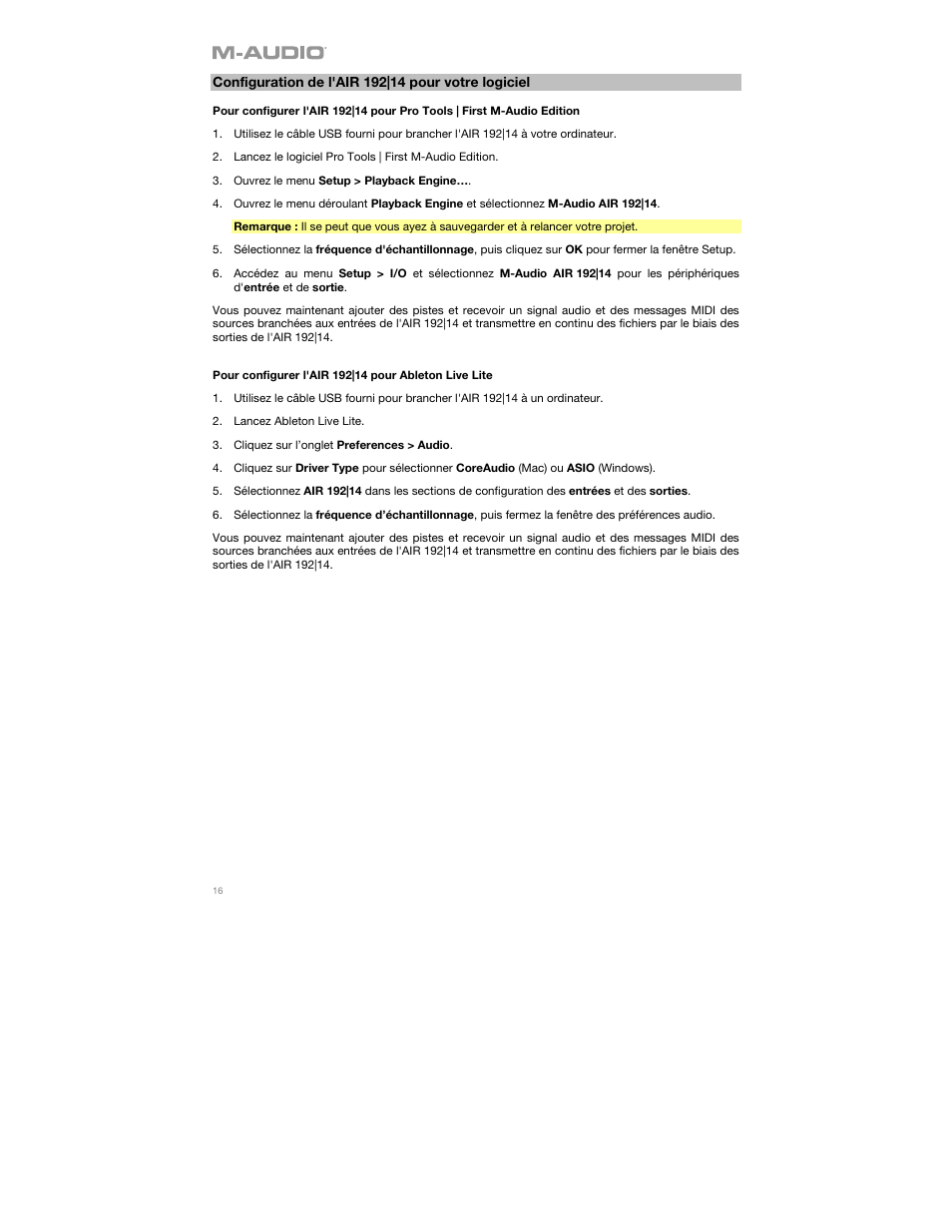 Configuration de l'air 192|14 pour votre logiciel | M-AUDIO AIR 192|14 Desktop 8x4 USB Type-C Audio/MIDI Interface User Manual | Page 16 / 36