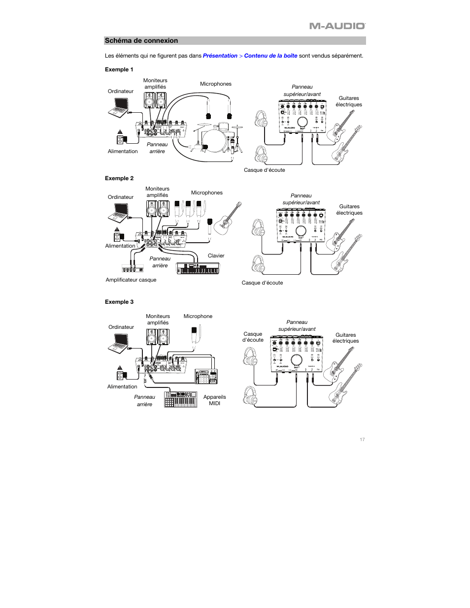 Schéma de connexion, Exemple 1, Exemple 2 | Exemple 3 | M-AUDIO AIR 192|14 Desktop 8x4 USB Type-C Audio/MIDI Interface User Manual | Page 17 / 36