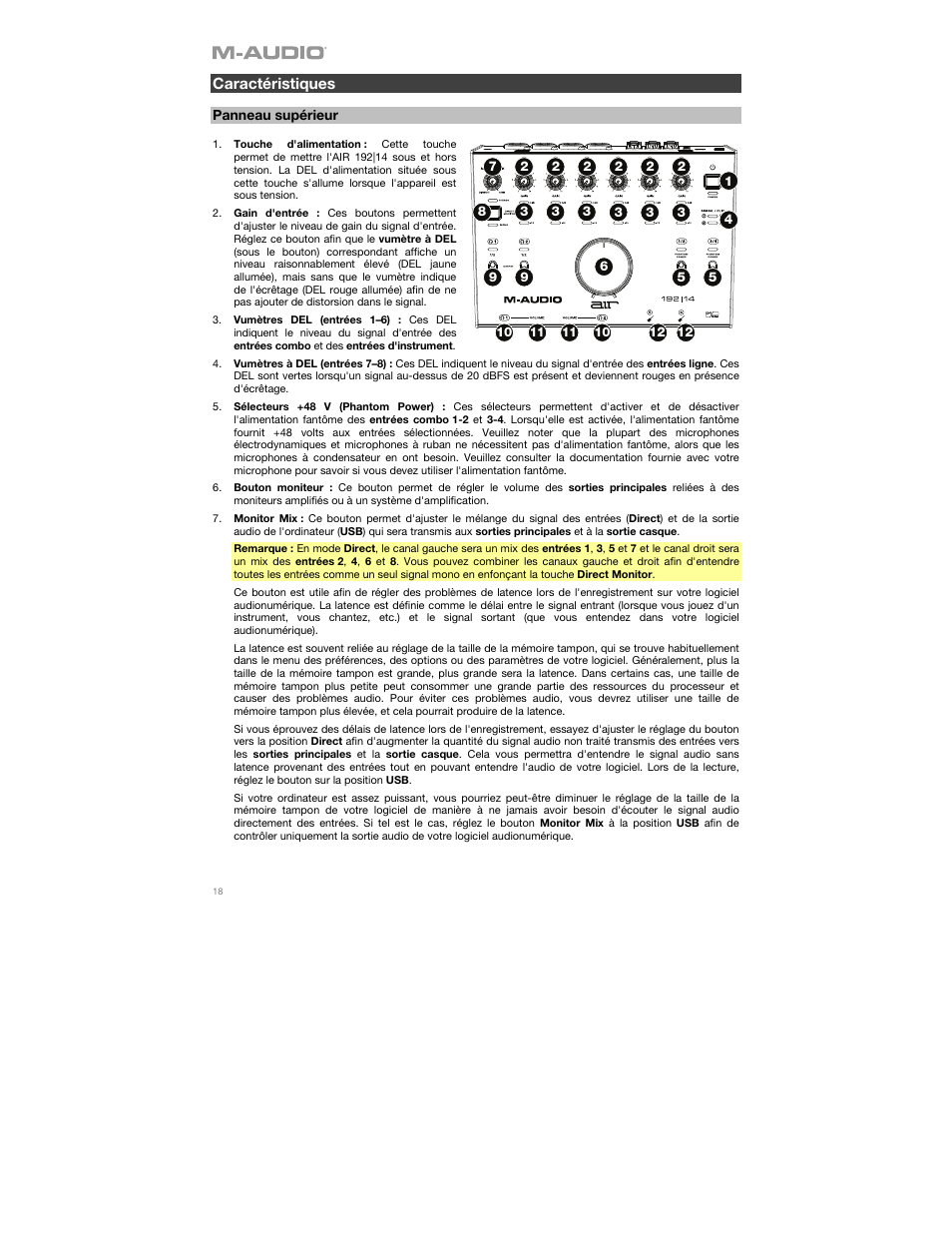 Caractéristiques, Panneau supérieur | M-AUDIO AIR 192|14 Desktop 8x4 USB Type-C Audio/MIDI Interface User Manual | Page 18 / 36