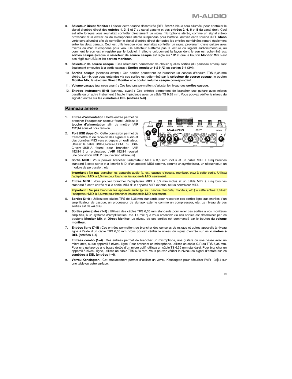 Panneau arrière | M-AUDIO AIR 192|14 Desktop 8x4 USB Type-C Audio/MIDI Interface User Manual | Page 19 / 36