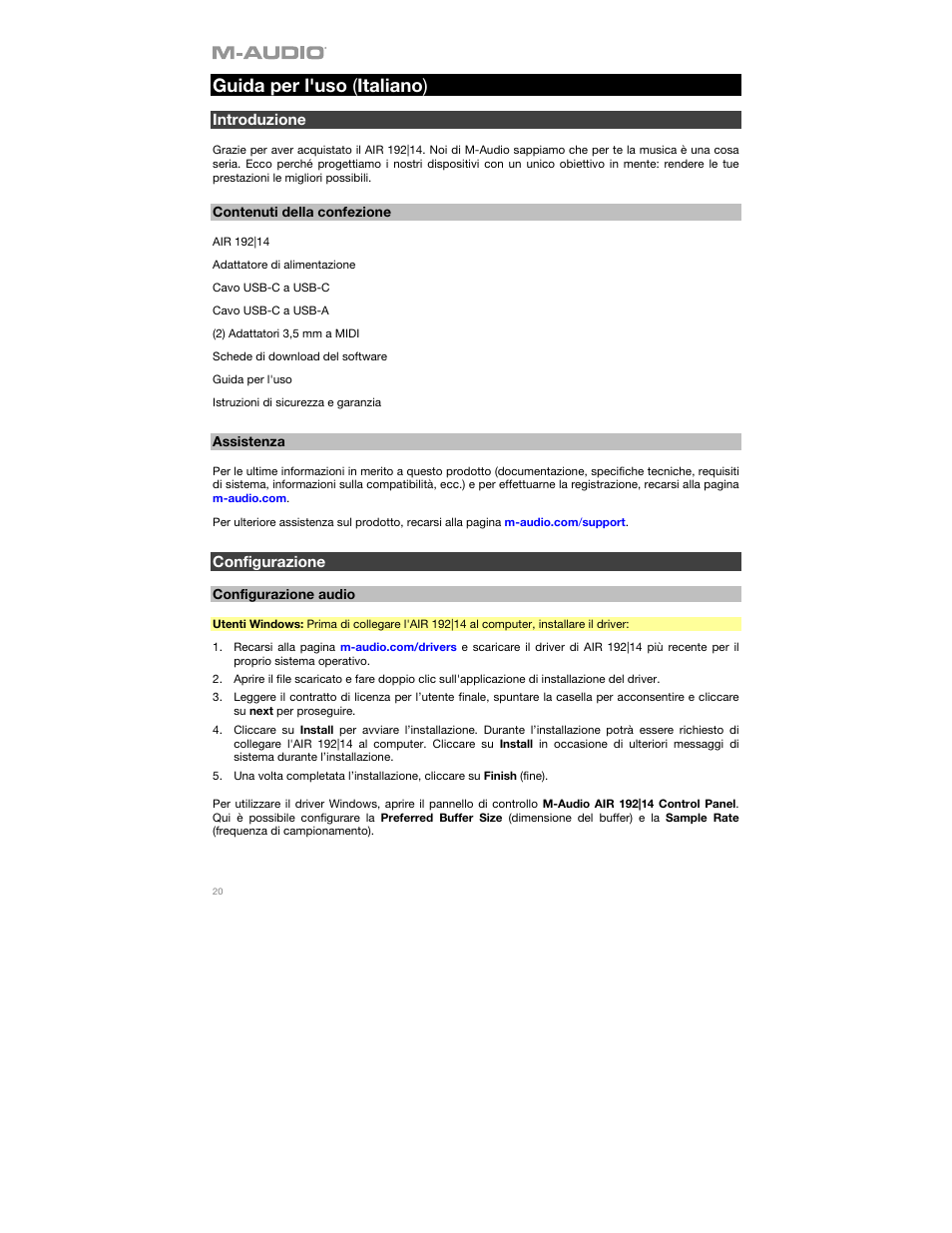 Guida per l'uso (italiano), Introduzione, Contenuti della confezione | Assistenza, Configurazione, Configurazione audio, Guida per l'uso ( italiano ) | M-AUDIO AIR 192|14 Desktop 8x4 USB Type-C Audio/MIDI Interface User Manual | Page 20 / 36