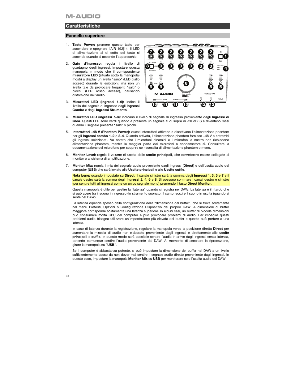 Caratteristiche, Pannello superiore | M-AUDIO AIR 192|14 Desktop 8x4 USB Type-C Audio/MIDI Interface User Manual | Page 24 / 36