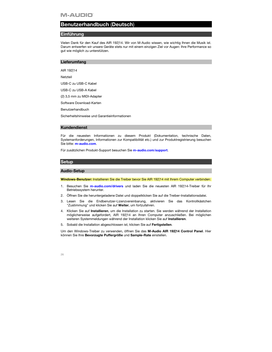 Benutzerhandbuch (deutsch), Einführung, Lieferumfang | Kundendienst, Setup, Audio-setup, Benutzerhandbuch ( deutsch ) | M-AUDIO AIR 192|14 Desktop 8x4 USB Type-C Audio/MIDI Interface User Manual | Page 26 / 36