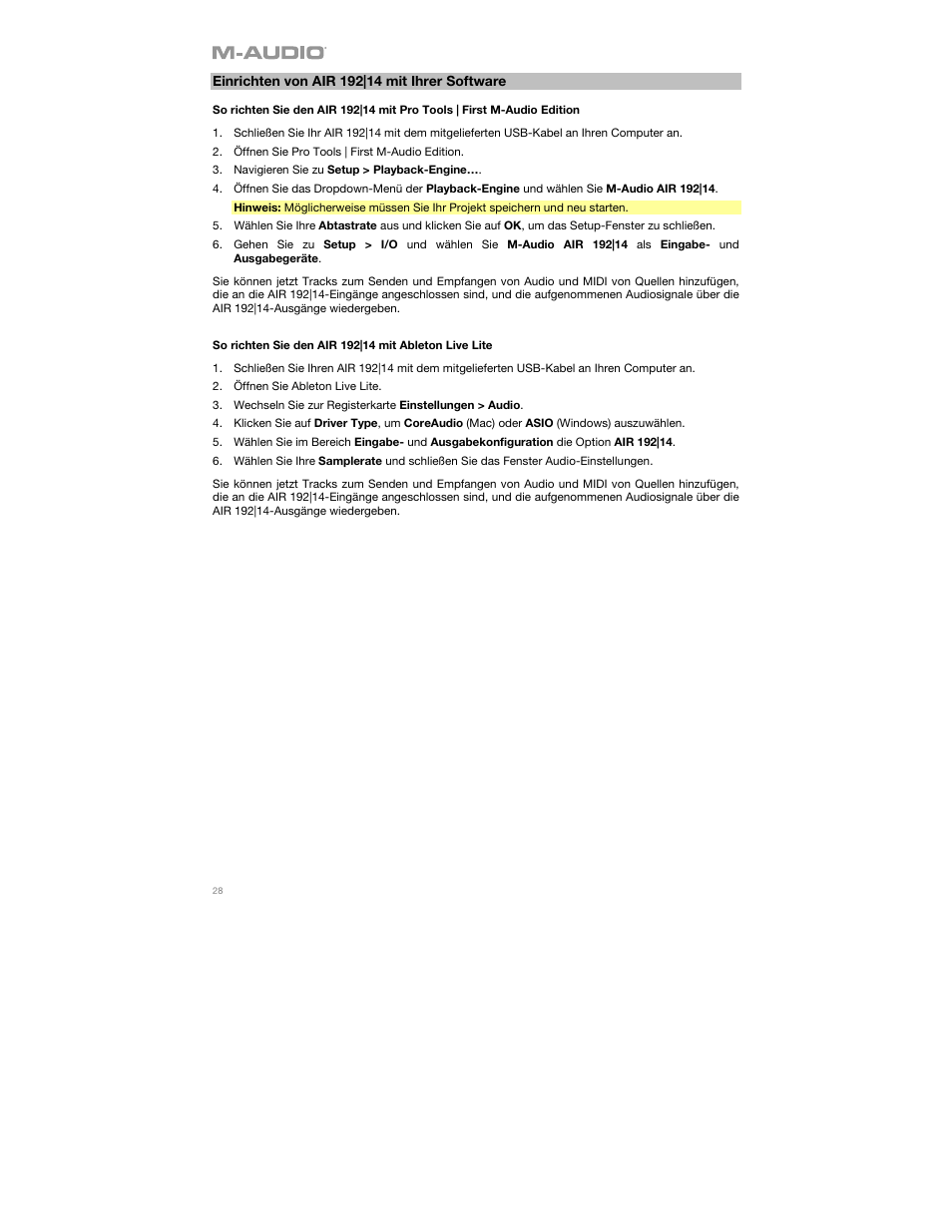 Einrichten von air 192|14 mit ihrer software | M-AUDIO AIR 192|14 Desktop 8x4 USB Type-C Audio/MIDI Interface User Manual | Page 28 / 36