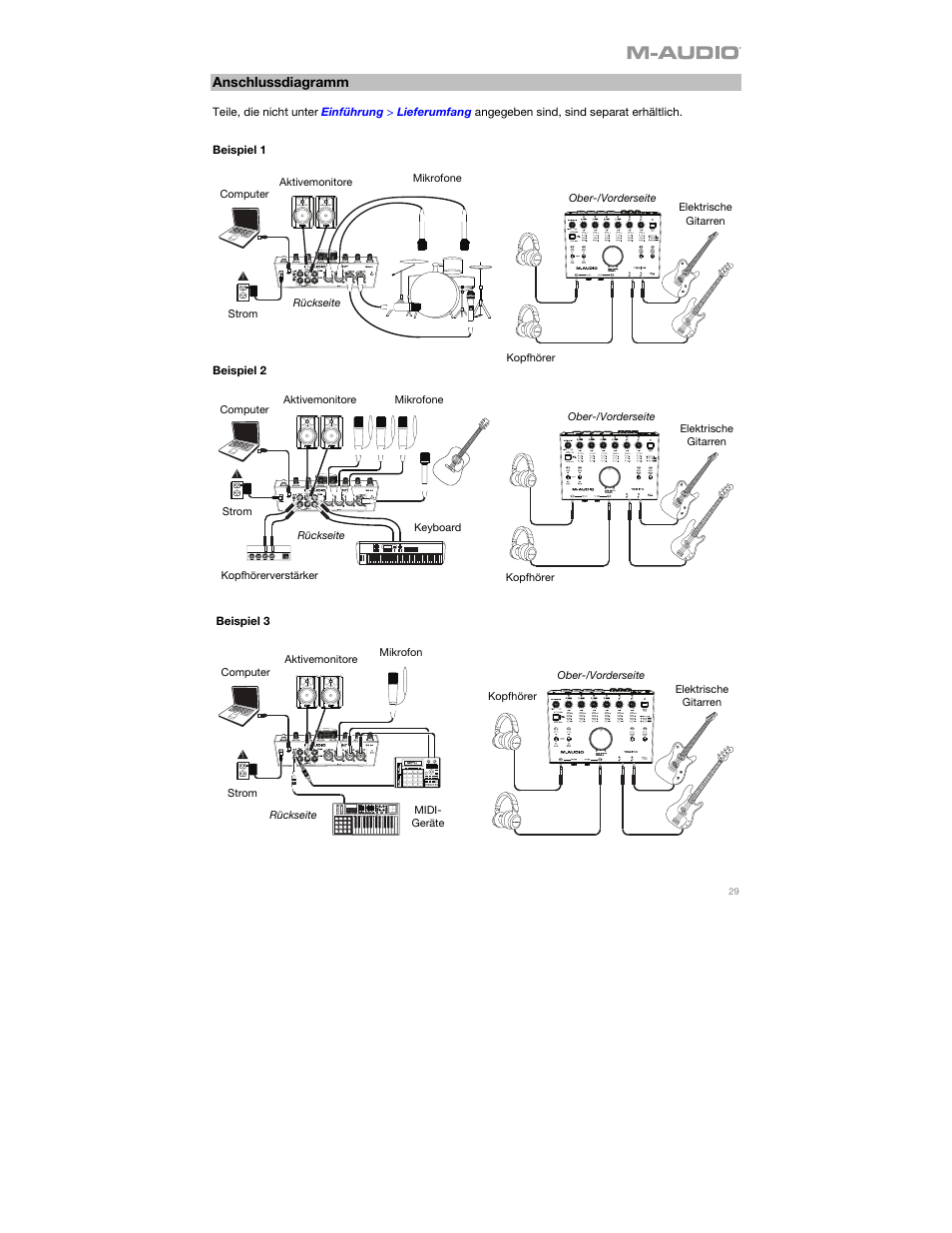 Anschlussdiagramm, Beispiel 1, Beispiel 2 | Beispiel 3 | M-AUDIO AIR 192|14 Desktop 8x4 USB Type-C Audio/MIDI Interface User Manual | Page 29 / 36