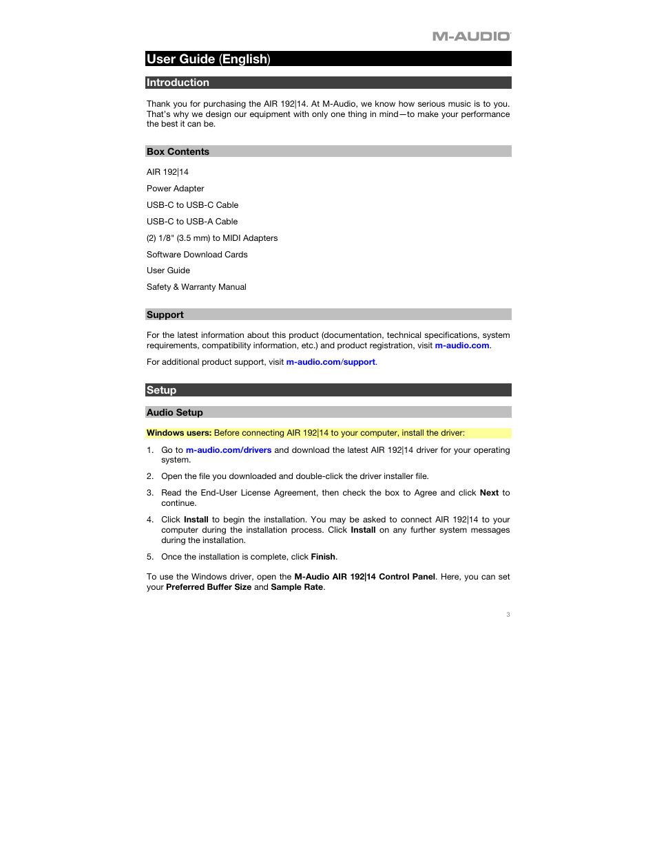 User guide (english), Introduction, Box contents | Support, Setup, Audio setup, User guide ( english ) | M-AUDIO AIR 192|14 Desktop 8x4 USB Type-C Audio/MIDI Interface User Manual | Page 3 / 36