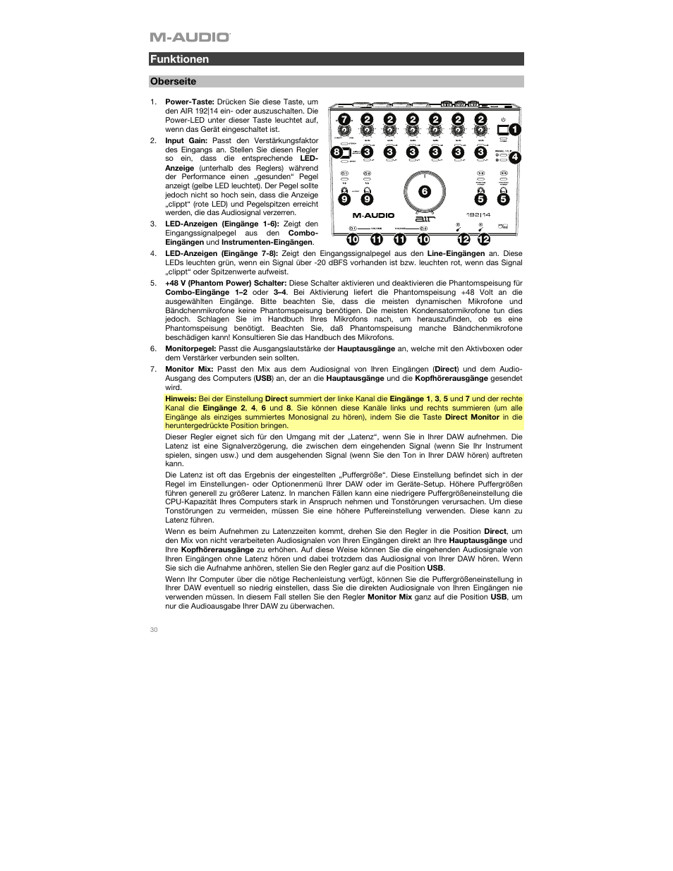 Funktionen, Oberseite | M-AUDIO AIR 192|14 Desktop 8x4 USB Type-C Audio/MIDI Interface User Manual | Page 30 / 36