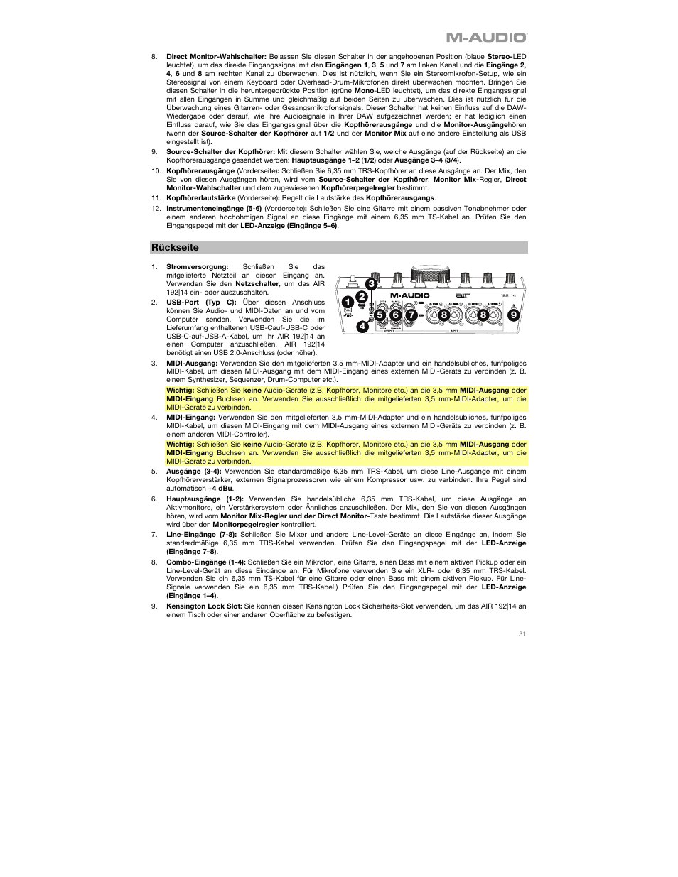 Rückseite | M-AUDIO AIR 192|14 Desktop 8x4 USB Type-C Audio/MIDI Interface User Manual | Page 31 / 36