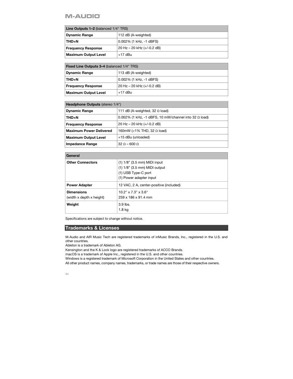 Trademarks & licenses | M-AUDIO AIR 192|14 Desktop 8x4 USB Type-C Audio/MIDI Interface User Manual | Page 34 / 36