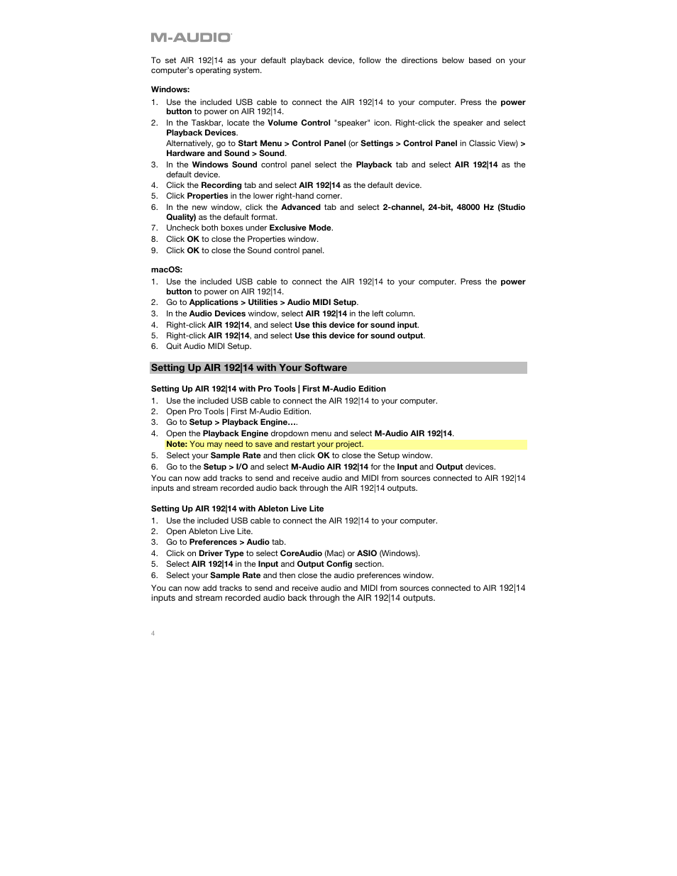 Setting up air 192|14 with your software | M-AUDIO AIR 192|14 Desktop 8x4 USB Type-C Audio/MIDI Interface User Manual | Page 4 / 36