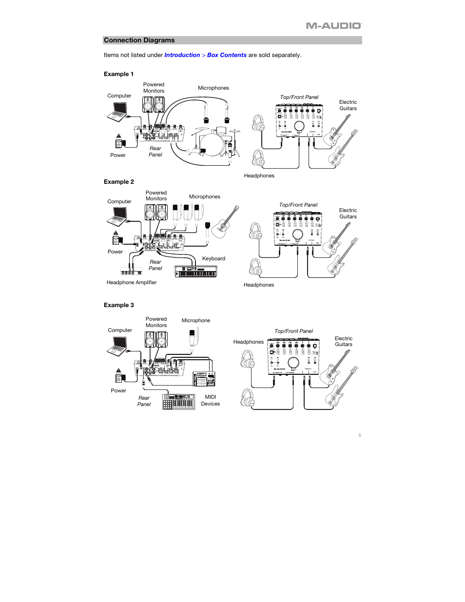 Connection diagrams, Example 1, Example 2 | Example 3 | M-AUDIO AIR 192|14 Desktop 8x4 USB Type-C Audio/MIDI Interface User Manual | Page 5 / 36