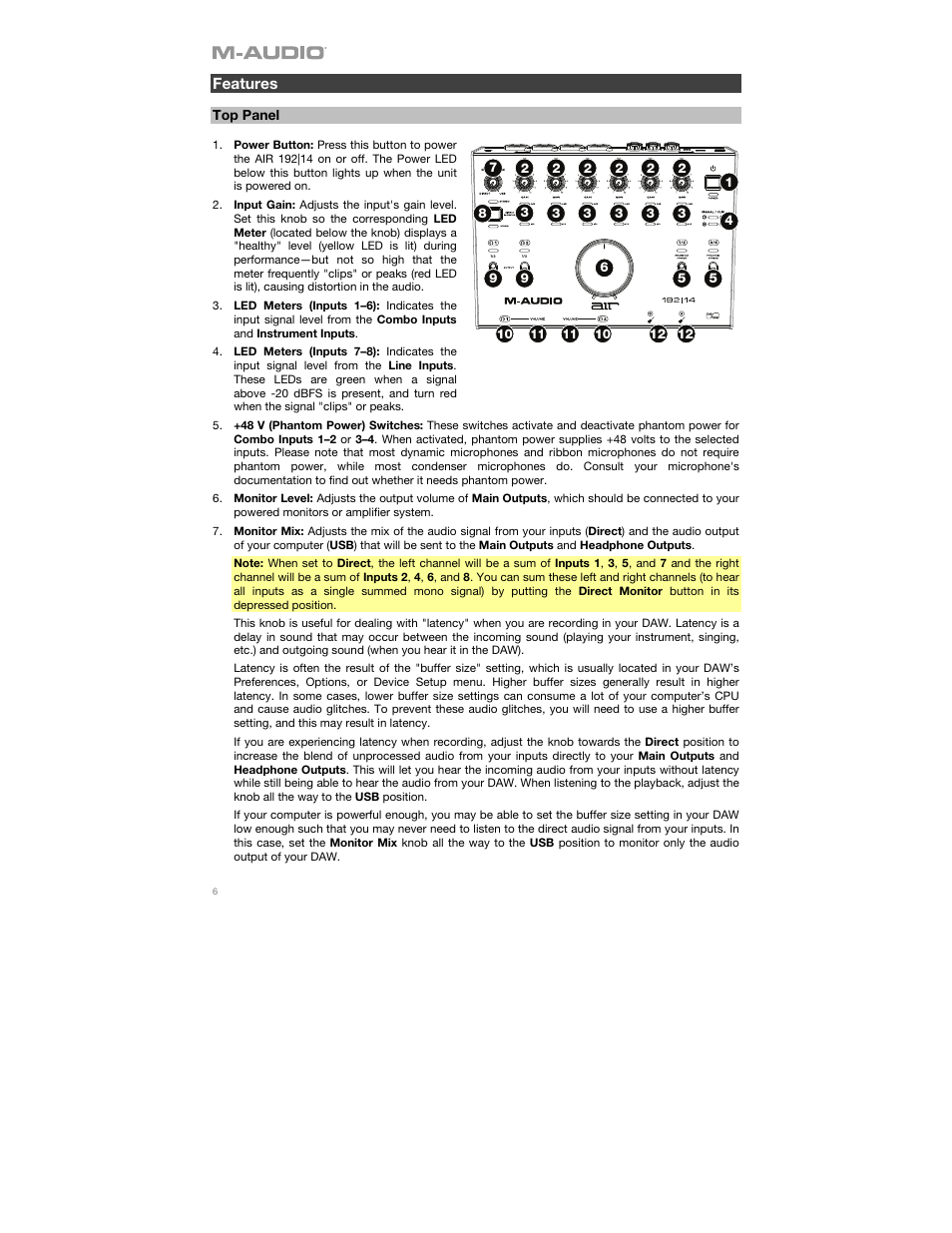 Features, Top panel | M-AUDIO AIR 192|14 Desktop 8x4 USB Type-C Audio/MIDI Interface User Manual | Page 6 / 36