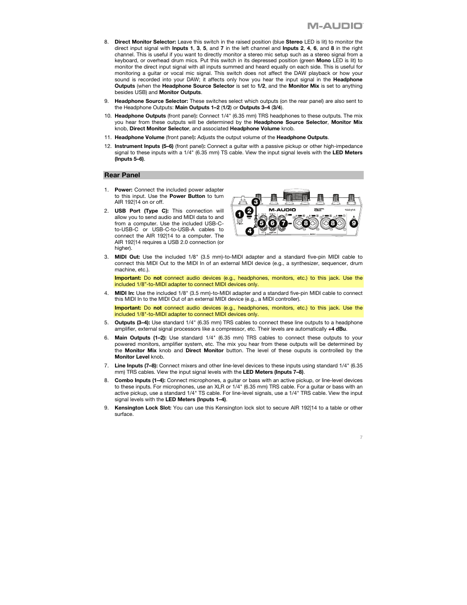 Rear panel | M-AUDIO AIR 192|14 Desktop 8x4 USB Type-C Audio/MIDI Interface User Manual | Page 7 / 36
