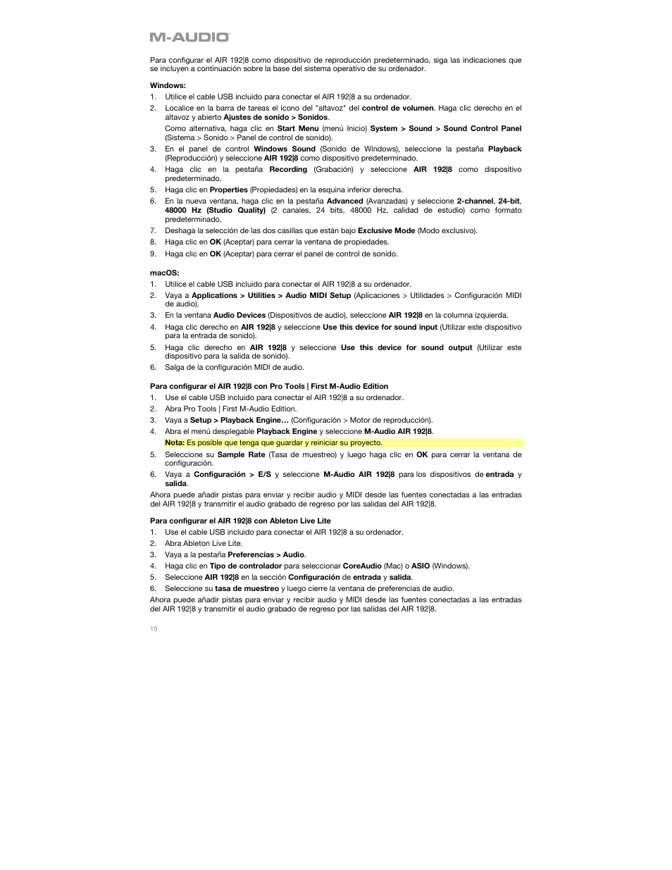 M-AUDIO AIR 192|8 Desktop 2x4 USB Type-C Audio/MIDI Interface User Manual | Page 10 / 36