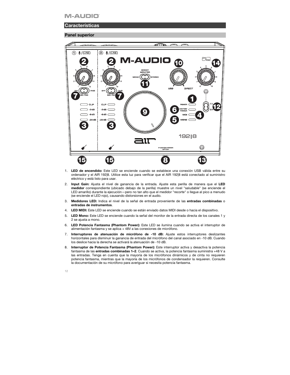 Características, Panel superior | M-AUDIO AIR 192|8 Desktop 2x4 USB Type-C Audio/MIDI Interface User Manual | Page 12 / 36