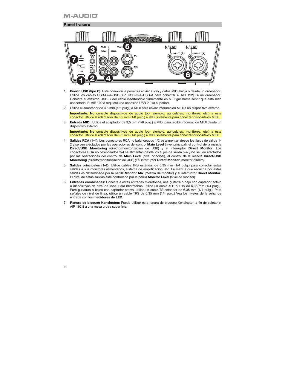 Panel trasero | M-AUDIO AIR 192|8 Desktop 2x4 USB Type-C Audio/MIDI Interface User Manual | Page 14 / 36