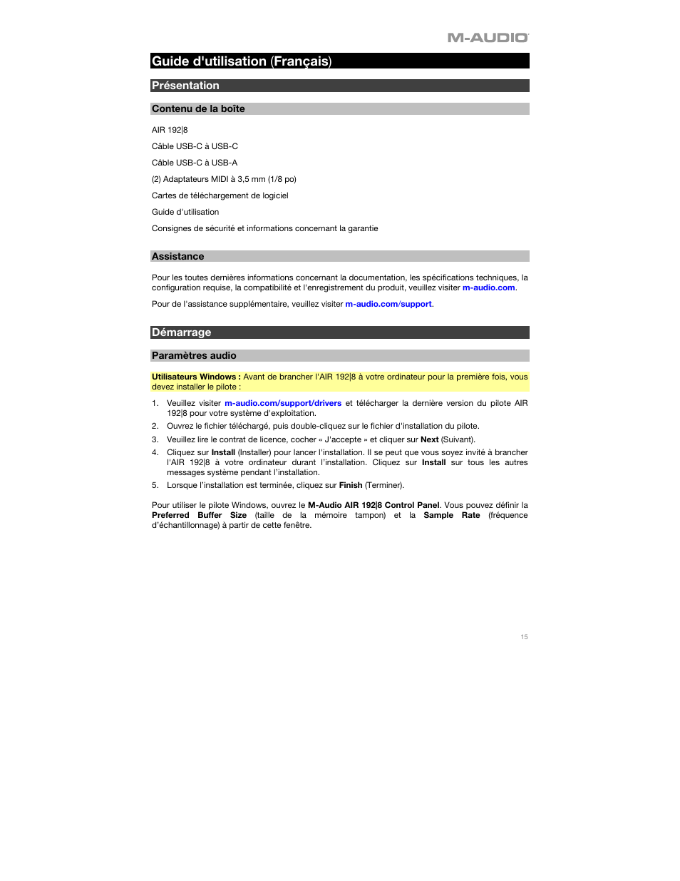 Guide d'utilisation (français), Présentation, Contenu de la boîte | Assistance, Démarrage, Paramètres audio, Guide d'utilisation ( français ) | M-AUDIO AIR 192|8 Desktop 2x4 USB Type-C Audio/MIDI Interface User Manual | Page 15 / 36